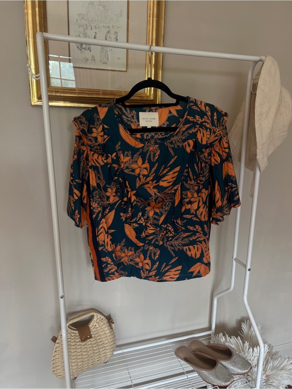 Floral Ruffle Sleeve Blouse in Green & Orange